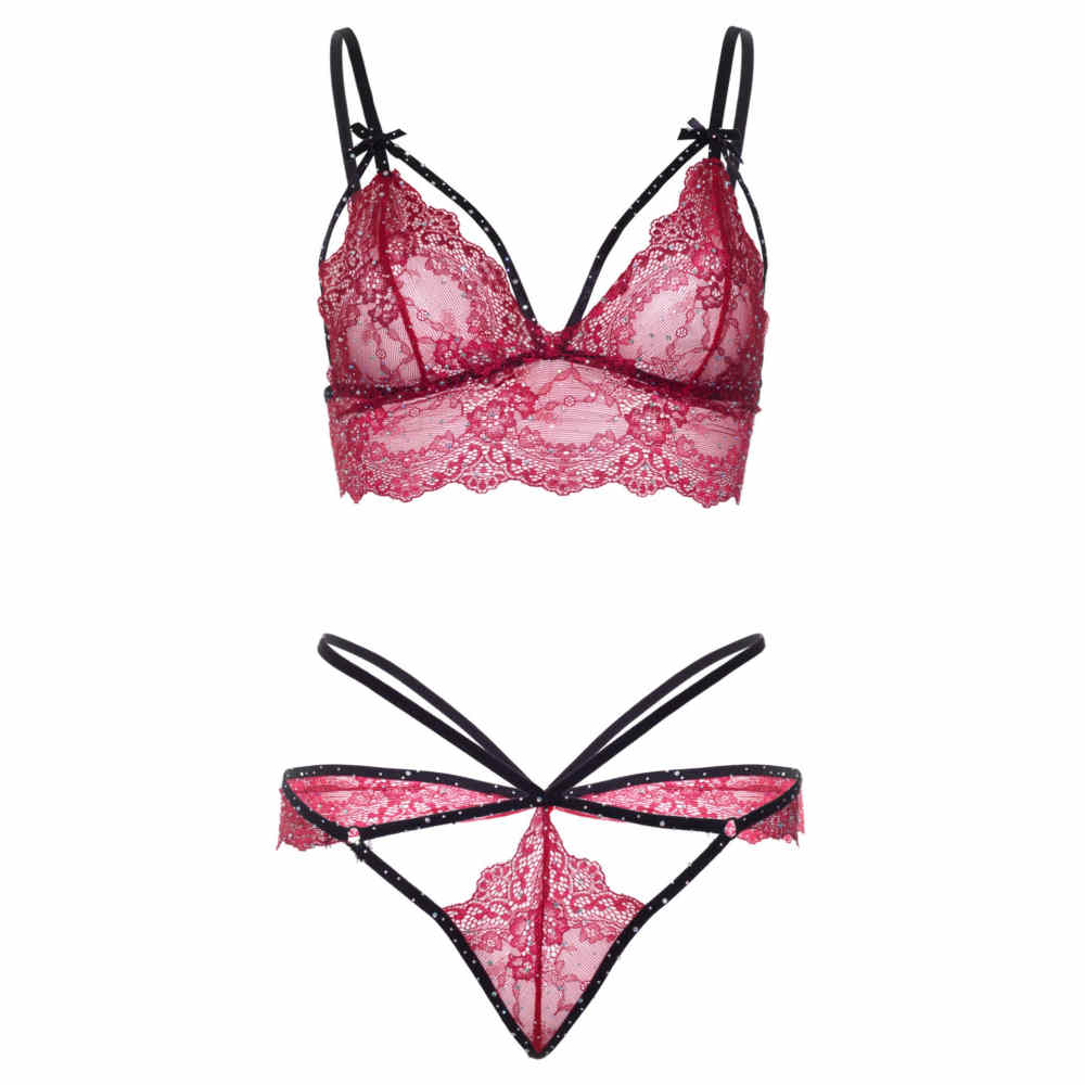 Leg Avenue - Scalloped Lace Rhinestone Bra and string set - Burgundy